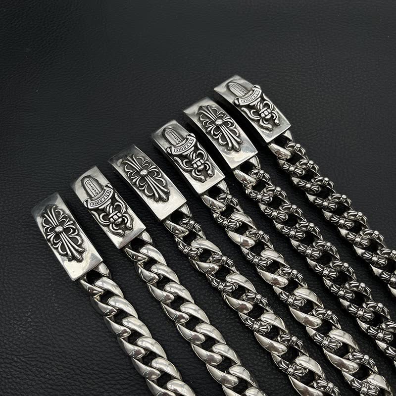 Chrome Hearts Silver Tone Chain Bracelets with Engraved Clasps